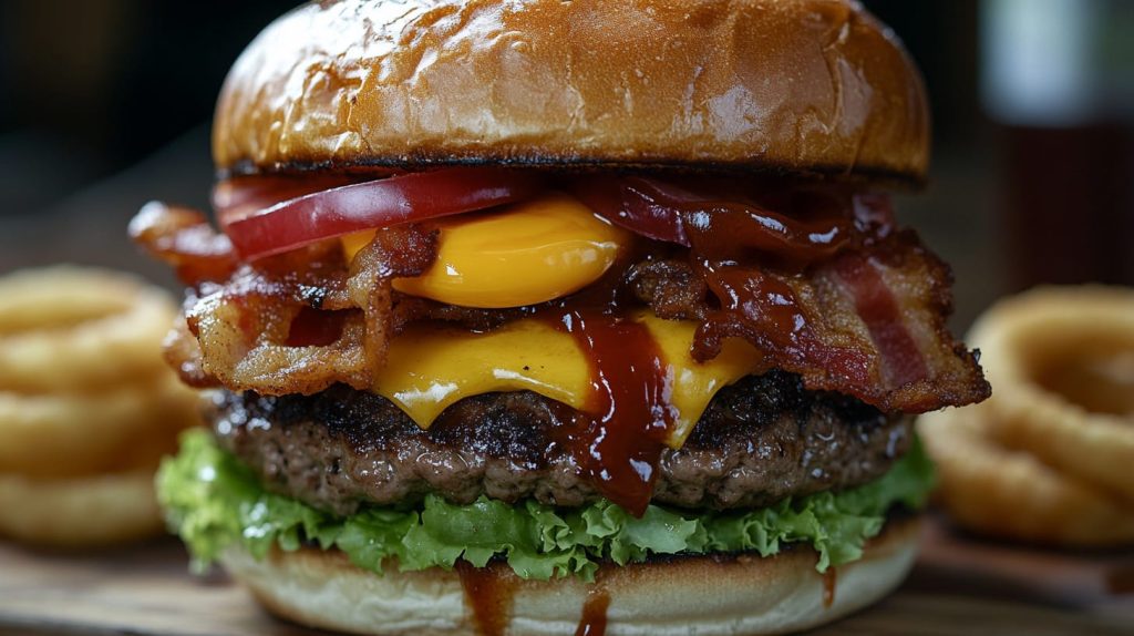 Hamburguesa con tomate, queso cheddar, tocino, lechuga