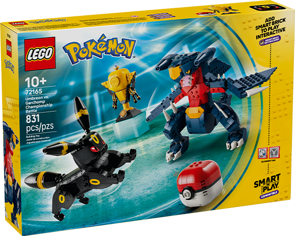 Este set reúne a LEGO Umbreon y Garchomp en un divertido campeonato, donde compiten para ganar el trofeo Poké Ball. Incluye una Poké Ball gigante.