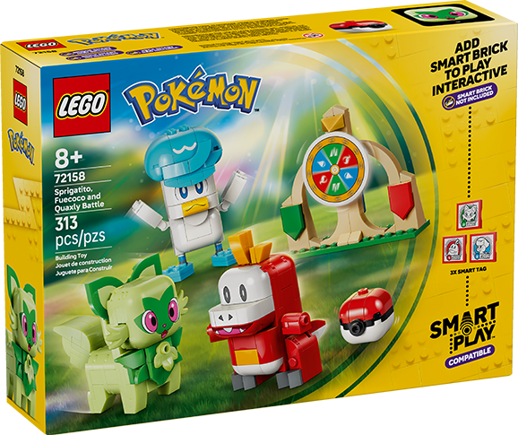 Este set permite a los fanáticos recrear historias con los tres Pokémon iniciales de Paldea. Cada uno de los tres Pokémon LEGO tiene un tipo diferente: Sprigatito es un Pokémon de tipo Planta, Fuecoco es de tipo Fuego y Quaxly es de tipo Agua.

La ruleta giratoria puede ayudar a elegir al oponente y determinar quién será el siguiente en combatir.