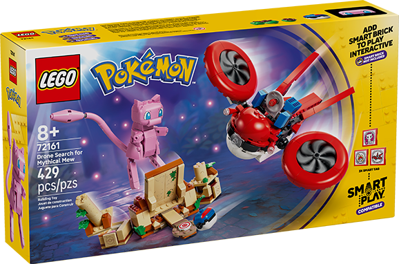 Este set presenta al Pokémon Singular Mew. Los fanáticos podrán embarcarse en una búsqueda de LEGO Mew, utilizando un dron inspirado en una Poké Ball para explorar las antiguas ruinas donde Mew se esconde.